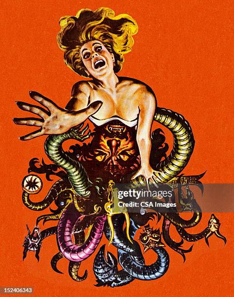 stockillustraties, clipart, cartoons en iconen met woman engulfed in snakes and demons - shock