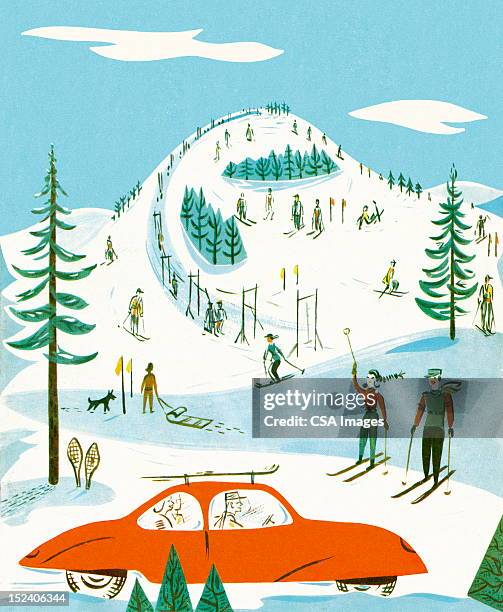 ski hill scene - car winter stock illustrations