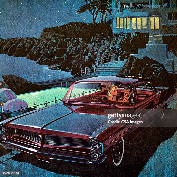 couple in burgandy vintage car at night - date night romance stock illustrations