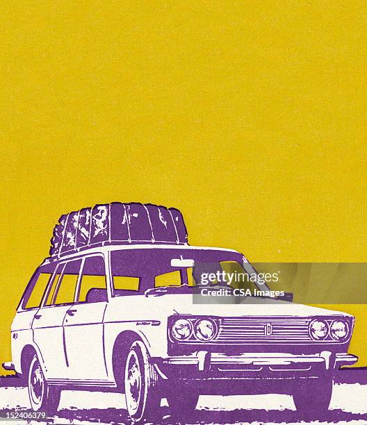 car with package on roof - station wagon stock illustrations