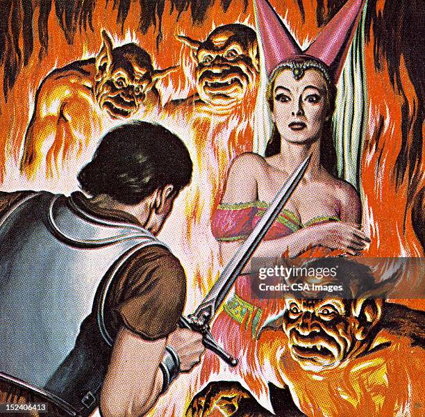 man with sword and devils - demon woman stock illustrations