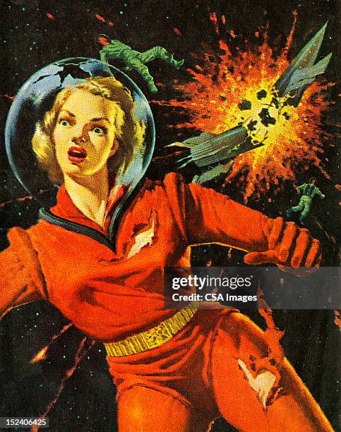 woman with rocket exploding - space suit stock illustrations