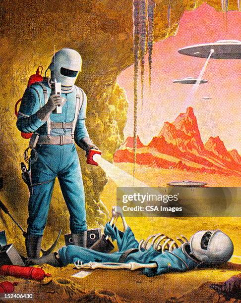 stockillustraties, clipart, cartoons en iconen met spaceman finding dead spaceman - spacewalk