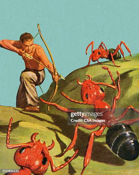 man shooting giant ants with bow and arrow - only mid adult men stock illustrations