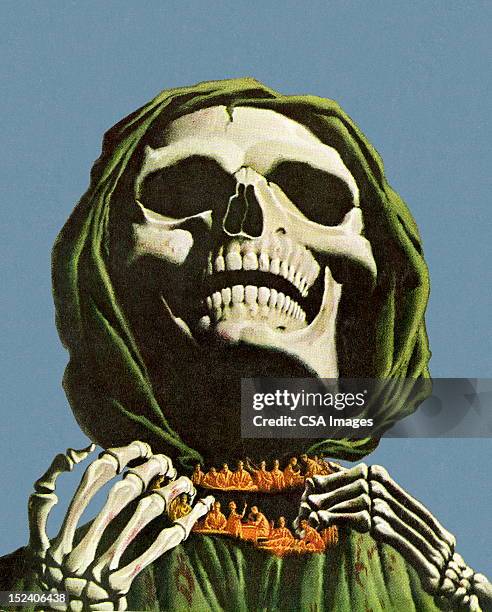 skeleton clutching neck - grim reaper stock illustrations