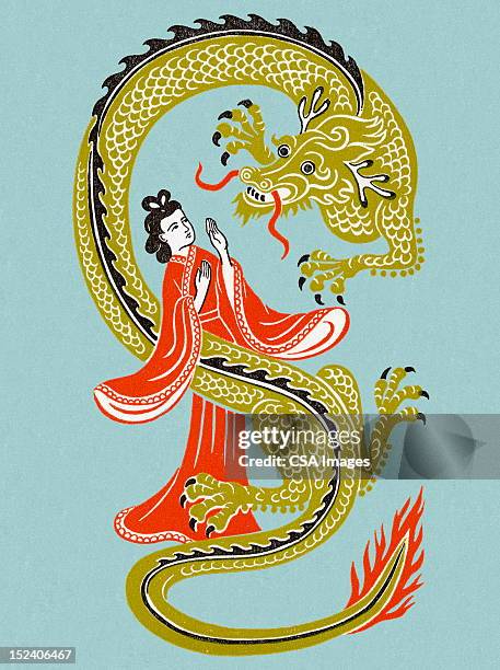 asian woman with dragon - chinese culture illustration stock illustrations