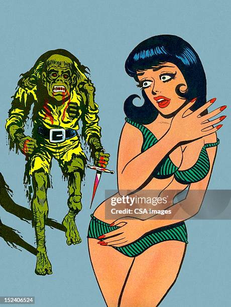 zombie coming after woman in bikini - red fingernails stock illustrations