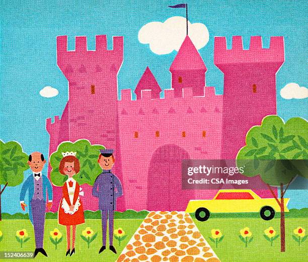 staff in front of pink castle - woman entering home stock illustrations
