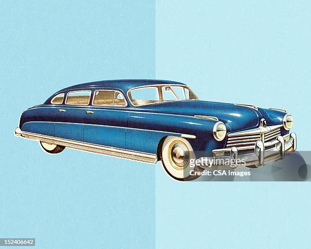 ilustraciones, imágenes clip art, dibujos animados e iconos de stock de azul vintage car - sedan