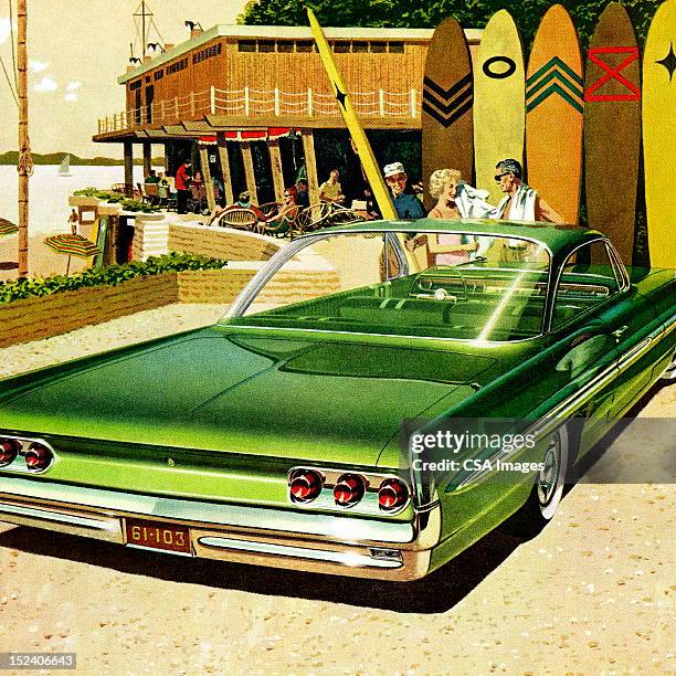 couple at beach in front of green vintage car - surfboard stock illustrations