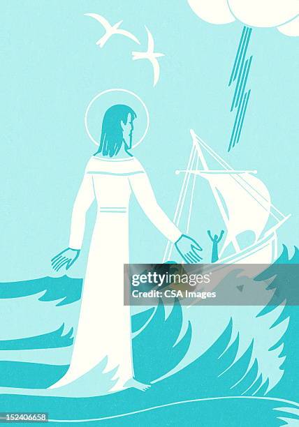 jesus helping man in boat - jesus calming the storm stock illustrations