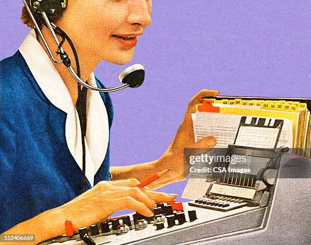 woman wearing headset - telephone switchboard stock illustrations