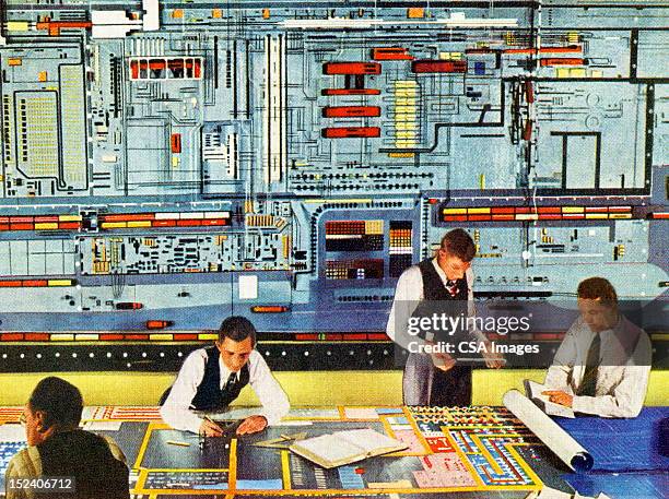 men working with super computer - factory workers group stock illustrations