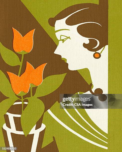 woman with tulips - art deco woman stock illustrations