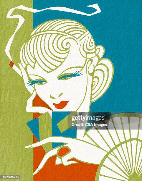 woman playing cards and smoking cigarette - art deco woman stock illustrations