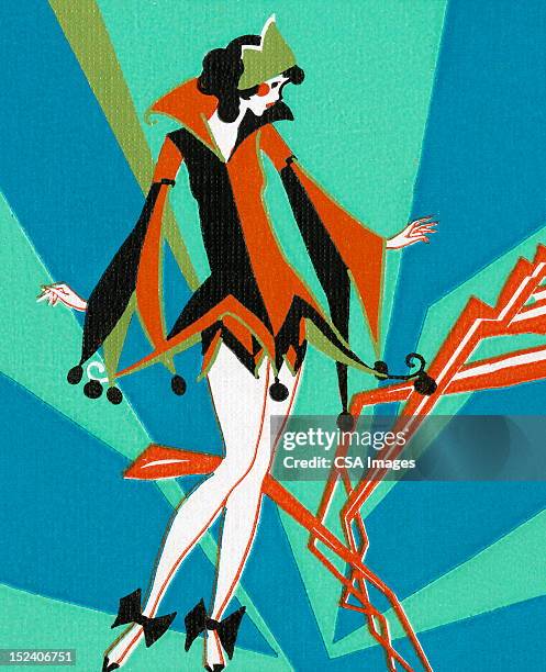ilustraciones, imágenes clip art, dibujos animados e iconos de stock de mujer disfrazado de bufón court - harlequin