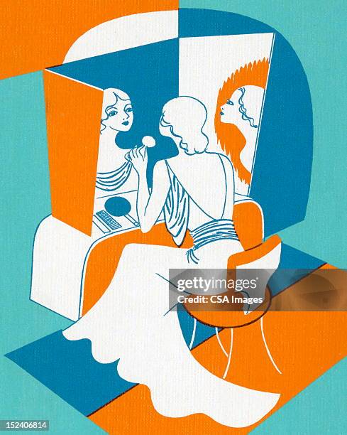 stockillustraties, clipart, cartoons en iconen met glamourous woman at dressing table - ijdel