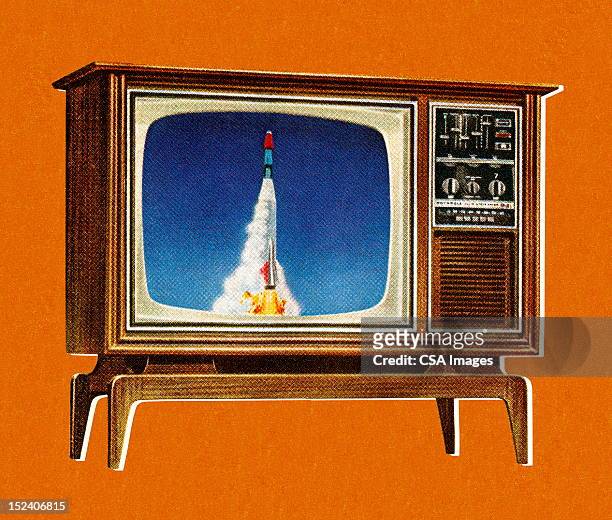 illustrazioni stock, clip art, cartoni animati e icone di tendenza di rocket in televisione - televisore