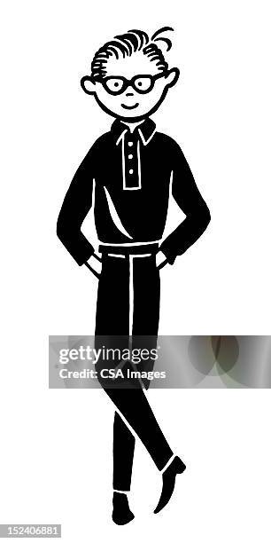 ilustraciones, imágenes clip art, dibujos animados e iconos de stock de boy anteojos - pies cruzados en los tobillos