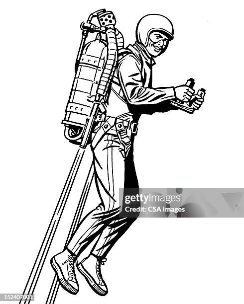 man flying with rocket pack - packing clothes stock illustrations