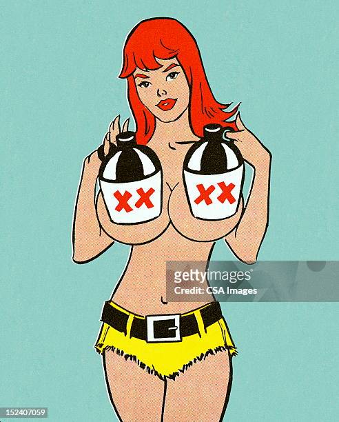 busty redhead holding jugs - moonshine jug stock illustrations