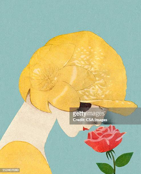 stockillustraties, clipart, cartoons en iconen met woman in hat smelling rose - ruiken