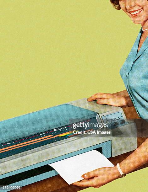 woman using office equipment - red lipstick stock illustrations