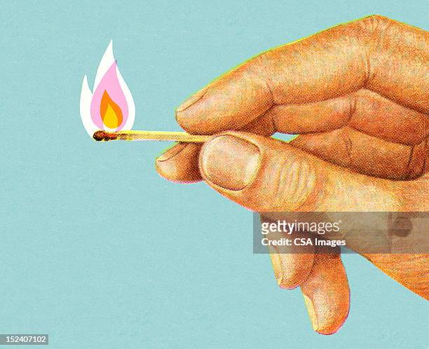 hand holding beleuchtete übereinstimmung - fingernail stock-grafiken, -clipart, -cartoons und -symbole