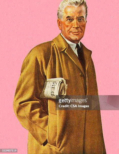 man in overcoat holding newspaper - hands in pockets stock illustrations