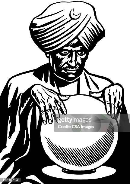 man looking into crystal ball - fortune teller stock illustrations