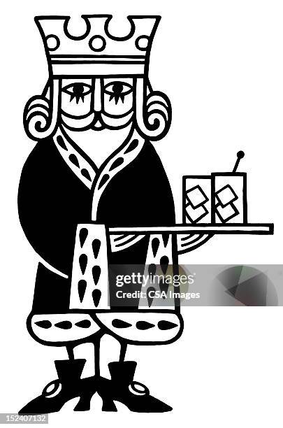 stockillustraties, clipart, cartoons en iconen met king holding tray of drinks - robe de cocktail