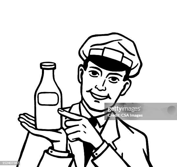 ilustraciones, imágenes clip art, dibujos animados e iconos de stock de repartidor de leche botella de retención - milk man