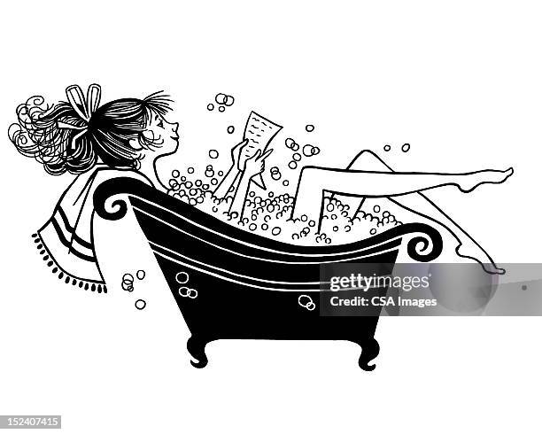 frau lesung in schaumbad - woman bath bubbles stock-grafiken, -clipart, -cartoons und -symbole