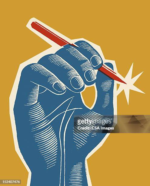 blue hand holding red pen - holding pen in hand stock illustrations