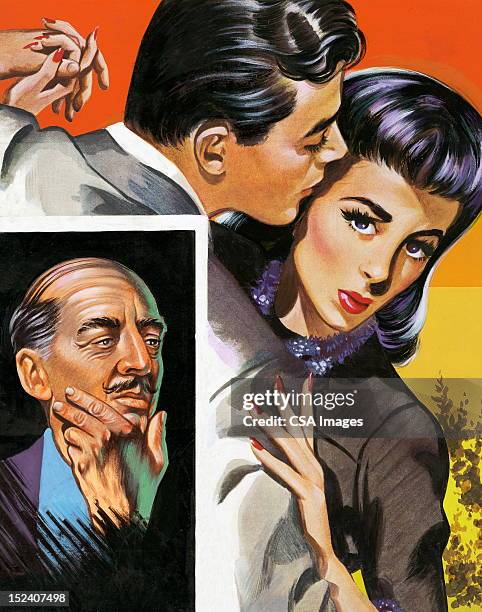 man embracing woman and bald man in rectangle - holding hands close up stock illustrations