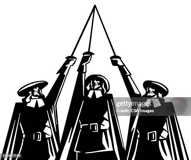 three musketeers raising swords - musketeer stock illustrations