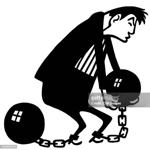 man carrying ball and chain - ball and chain stock illustrations