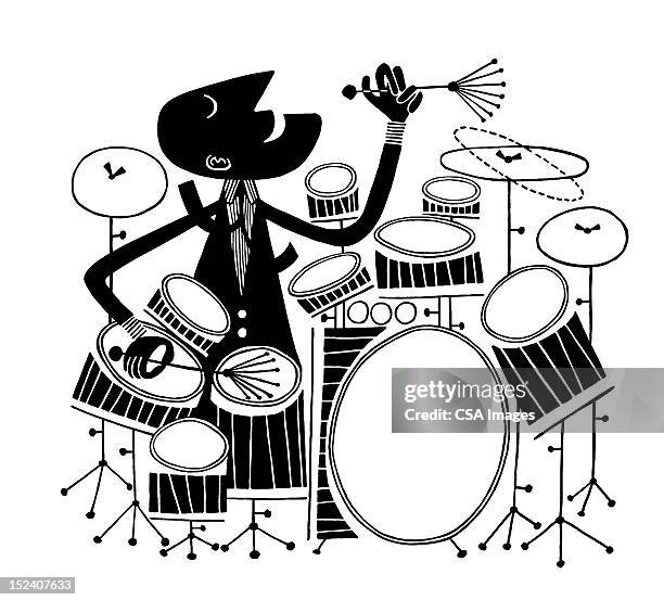 man playing large drum kit - drum kit white background stock illustrations
