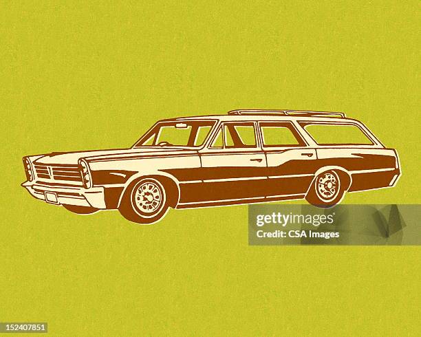 vintage station wagon on green background - station wagon stock illustrations
