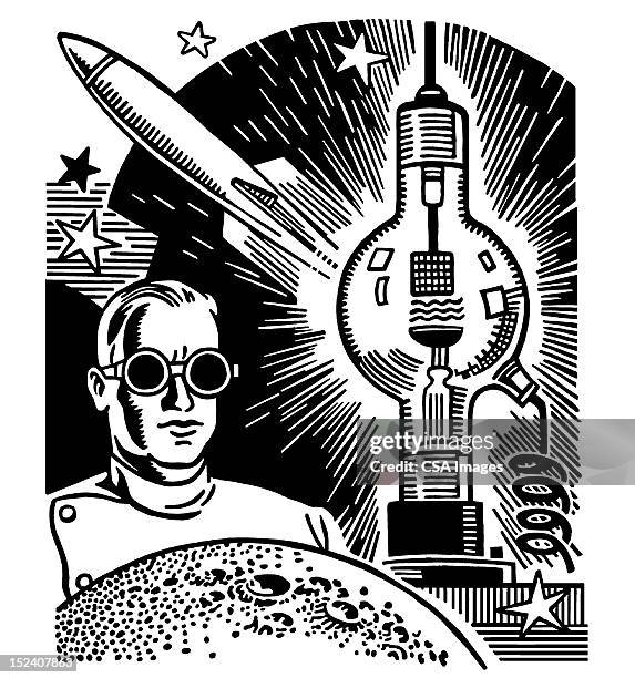 scientist wearing goggles - cientist rocket stock illustrations