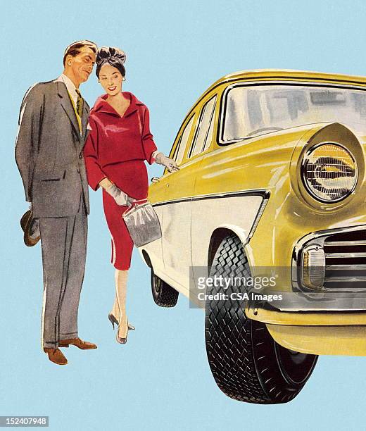 man and woman admiring car - retro style man stock illustrations