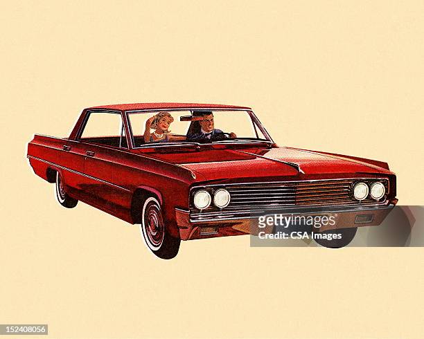 illustrations, cliparts, dessins animés et icônes de voiture rouge vintage - couple conduire voiture