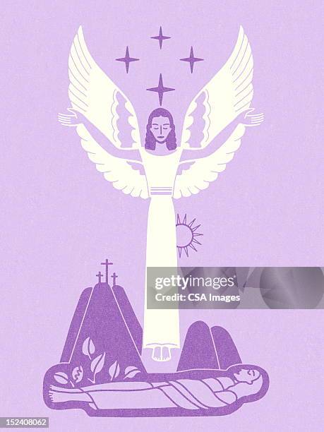 angel over jesus - resurrection tomb stock illustrations