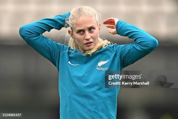 Football Fern Jacqui Hand during a New Zealand Football Ferns training session at McLean Park on July 08, 2023 in Napier, New Zealand. (Photo by...