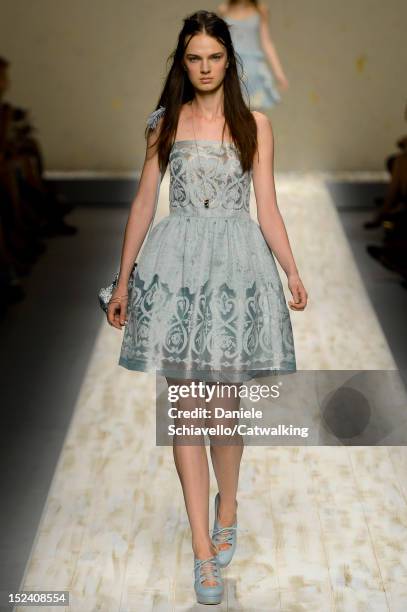 Model walks the runway at the Blugirl Spring Summer 2013 fashion show during Milan Fashion Week on September 20, 2012 in Milan, Italy.