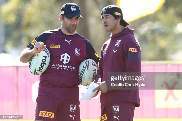 Assitant coaches Cameron Smith and Johnathan Thurston during a Queensland Maroons State of Origin training session at Sanctuary Cove on July 08, 2023...