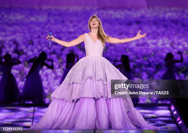 Taylor Swift performs onstage for night one of Taylor Swift | The Eras Tour at GEHA Field at Arrowhead Stadium on July 07, 2023 in Kansas City,...