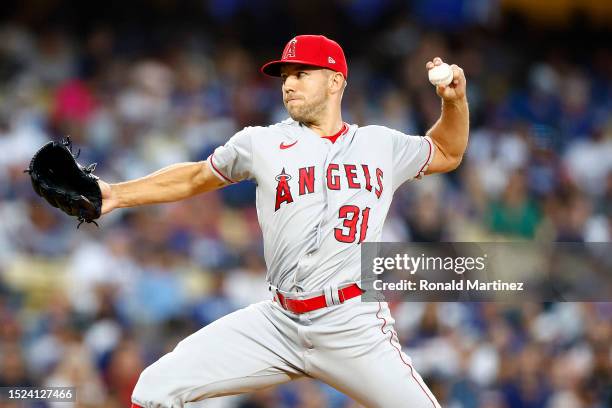 Tyler Anderson of the Los Angeles Angels throws against the Los Angeles Dodgers in the fourth inning at Dodger Stadium on July 07, 2023 in Los...