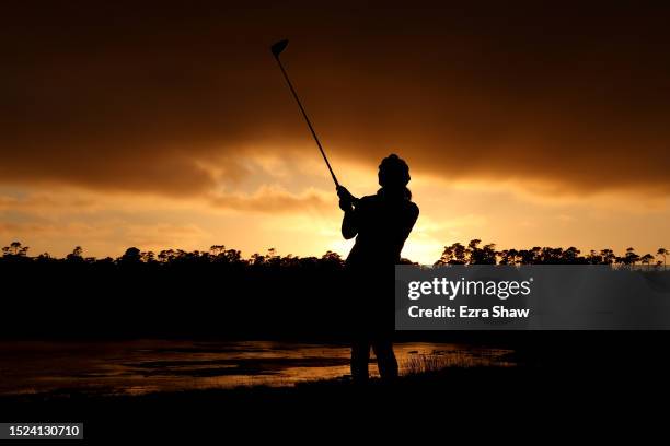 Pernilla Lindberg of Sweden plays her shot from the 18th tee during the second round of the 78th U.S. Women's Open at Pebble Beach Golf Links on July...