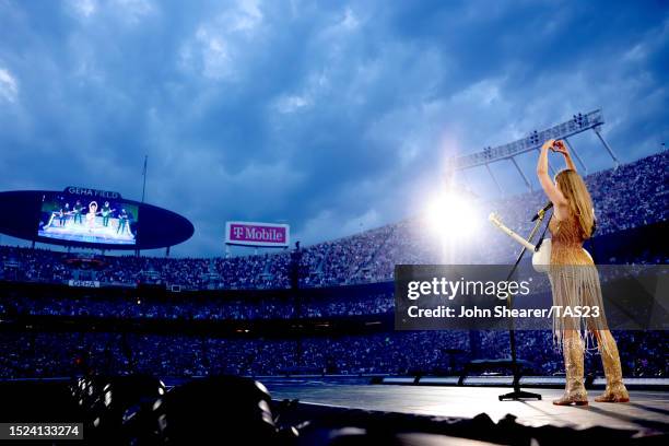 Taylor Swift performs onstage for night one of Taylor Swift | The Eras Tour at GEHA Field at Arrowhead Stadium on July 07, 2023 in Kansas City,...